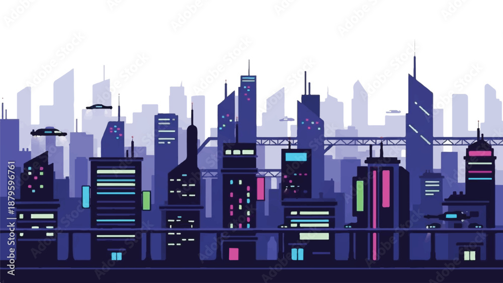 Fototapeta premium A futuristic night city illustration with a dark blue and purple color scheme, featuring a cityscape with sleek skyscrapers and neon lights against a white background.