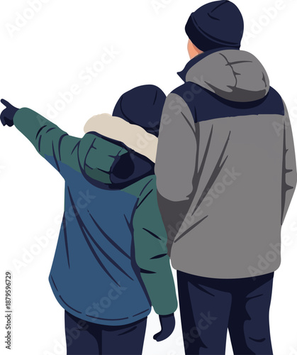 Two figures in winter jackets point into the distance, isolated on white background