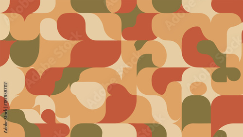 Close-up of a desert camouflage pattern with shades of orange, green, and beige on a textured surface.