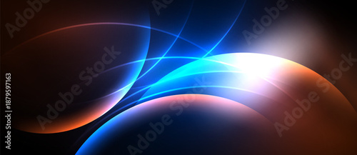 Abstract flowing shapes, vibrant colors, dynamic light effects create futuristic visual experience. Smooth curves dominate composition.