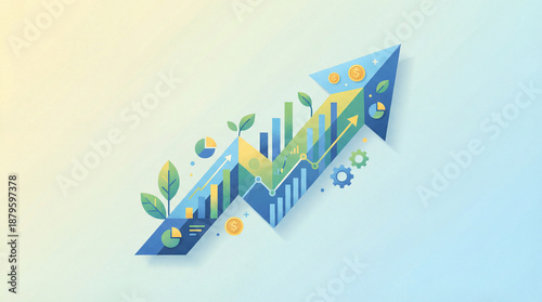 An upward-pointing arrow is filled with ascending bar graphs, pie charts, coins, gears, and sprouting leaves, symbolizing prosperity and development. A bright, hopeful mood prevails.