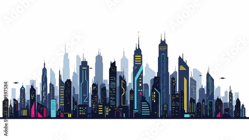A futuristic night city illustration featuring a vibrant skyline with sleek skyscrapers and neon lights against a dark background.