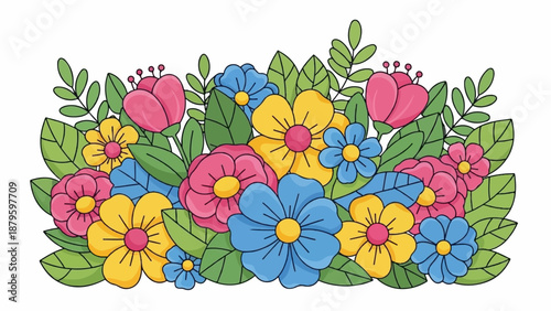 Vibrant arrangement of cartoon-style flowers and leaves in pink, blue, and yellow