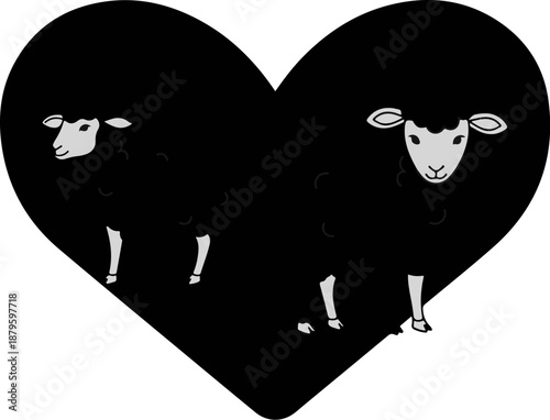 Two black sheep with white faces and legs stand inside a large black heart outline