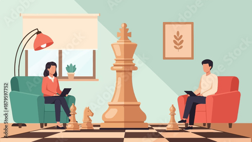 Two people play chess in a living room, one woman on the left, one man on the right