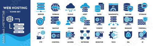 Web hosting icon set collection. pack contain server, domain, cloud, host, data, bandwidth, secure, storage, uptime, backup