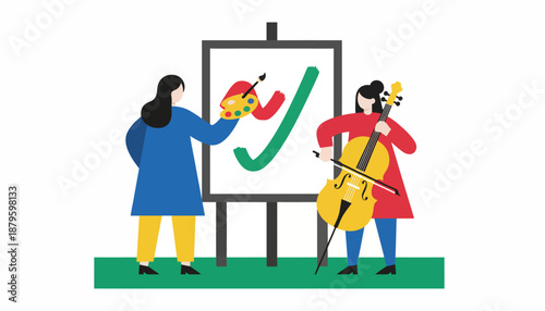 Two women engaged in artistic pursuits, one painting on an easel with a palette and brush, the other playing a cello, symbolizing creativity and hobbies.