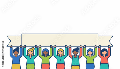 Seven diverse women holding a blank banner, symbolizing unity and a shared message.