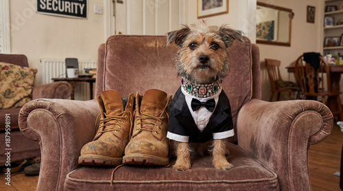 A scruffy dog dressed in formal attire, collar glittering, confidently perches on a velvet armchair next to a pair of work boots, creating a whimsical contrast.