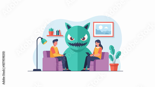 Two people sit on sofas facing a large, green, cartoonish monster in a living room