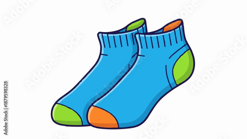 Two blue ankle socks with green and orange accents, cartoon style