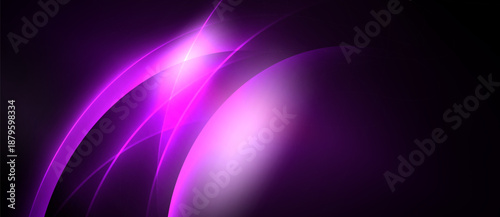 Abstract purple light curves radiate from bright central point. Dark background emphasizes glowing shapes, creating dynamic visual effect.