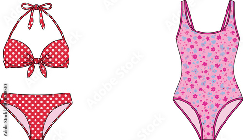 Cute women swimwear illustration set with polka dot bikini and floral one piece swimsuit