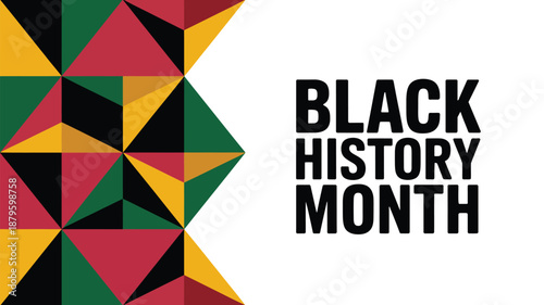  black history month banner with bold typography and colorful geometric african pattern on white background for cultural celebration, heritage awareness, education, and social media design