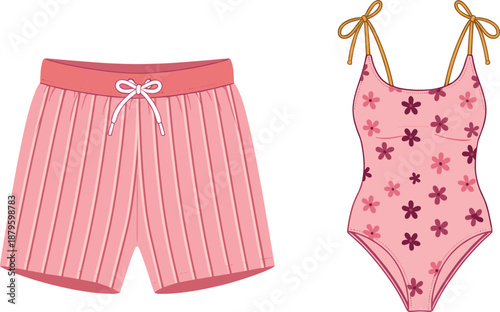 Cute summer girls shorts and one piece swimsuit illustration set with floral pattern design