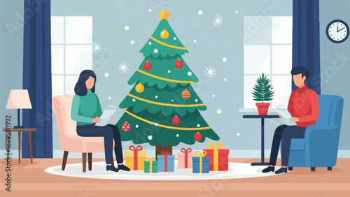 Two people read near a decorated Christmas tree indoors with gifts piled beneath