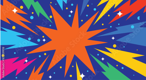 Retro comic explosion background with central starburst and vibrant sunbeams