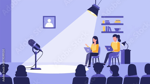 Two women present on stage with laptops to an audience, under a spotlight