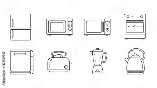 Minimal Monochrome Kitchen Appliance Line Icons – Clean Vector Set, Simple Linear Design