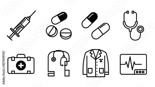 Minimalist Medical 6-Icon Set – Syringe, Pills, Stethoscope, Doctor Coat, First Aid Kit
