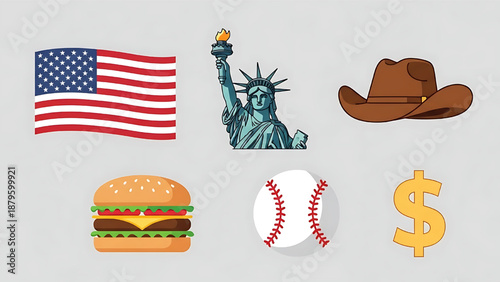 American symbols and icons flag statue of liberty cowboy hat burger baseball dollar sign.Only Illustration