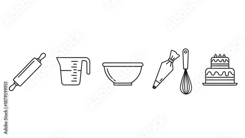 Baking Tools Outline Icon Set – Rolling Pin, Measuring Cup, Mixing Bowl, Piping Bag, Whisk, Cake