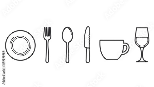 Tableware Outline Icon Set – Plate, Fork, Spoon, Knife, Cup, Wine Glass