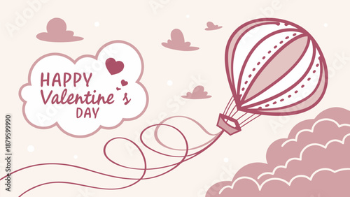 Happy Valentine's Day hot air balloon flying in the sky