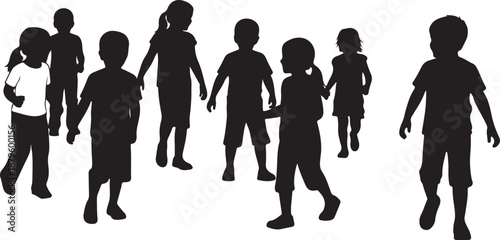 Silhouettes of children walking together in a group formation