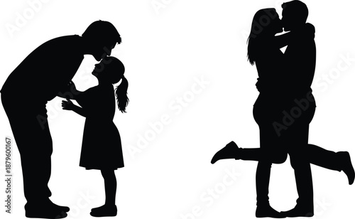 Silhouettes of parent kissing child and couple embracing, black and white graphic, affection and love theme, transparent background illustration