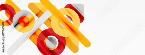 Abstract geometric shapes, vibrant colors, dynamic composition. Cylinders, circles intersect creating modern visual effect.