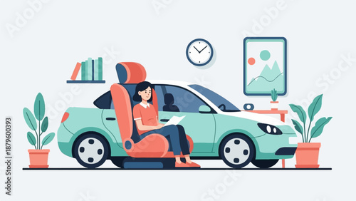 Woman reading in car seat at home with plants and decor