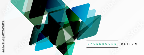 Abstract geometric shapes overlap, creating dynamic visual texture. Blue, green hues dominate white background. Modern design element.