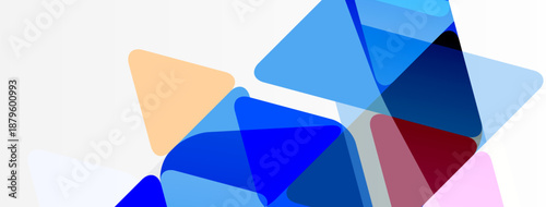 Abstract geometric shapes overlap, creating layered blue, pink, orange visuals. Minimalist design, modern aesthetic. Light background enhances color contrast.