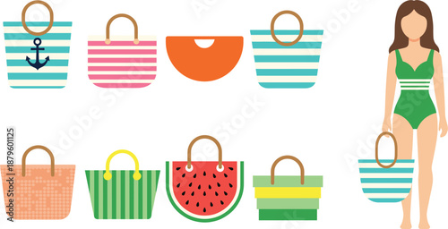 Summer beach tote bag illustration set with colorful striped handbags and woman in swimsuit