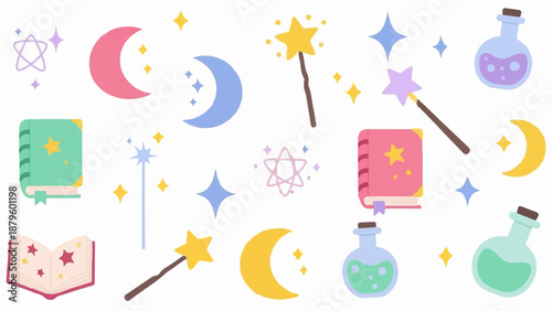 Whimsical magical elements including moons, stars, wands, books, and potions