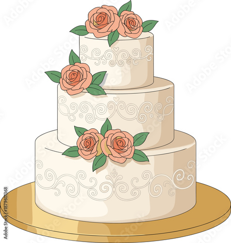 Elegant three tier wedding cake illustration with floral decoration for celebration dessert and event design