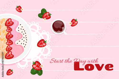 Vibrant background with oatmeal,strawberry and coffee on pink wooden table. Lovely banner with food.Decorations for backery, cafe, restaurant.Flat cartoon style.Delicious breakfast or lunch.Vector