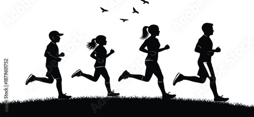 Black Silhouettes of a Family with Parents and Children Running and Jogging on Grass Meadow Isolated on White Background for Fitness and Health