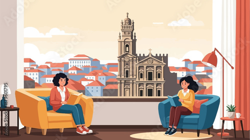 Two women relax indoors reading books, with a scenic city and building view through the window