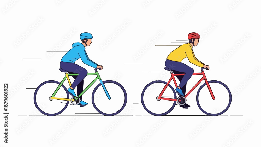 Obraz premium Two cyclists in motion, one with a green bicycle, the other with a red bicycle, wear helmets