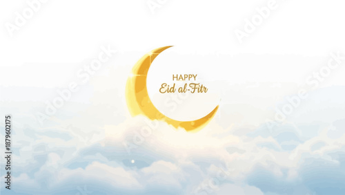 Crescent moon with Happy Eid al-Fitr text in a serene cloudy sky with a warm and celebratory mood.
