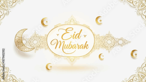 Eid al-Fitr greetings card with 'Eid Mubarak' message in gold, surrounded by crescent moons and ornate designs on a white background.