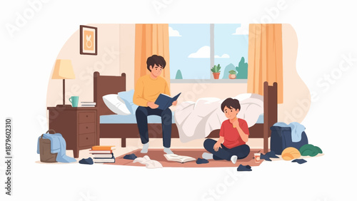 Two boys in a messy bedroom, one reading on the bed, the other on the floor