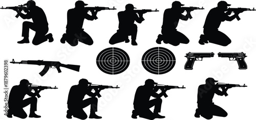Collection of Black Silhouettes of Soldiers and Shooters Aiming Rifles with Handguns and Targets Isolated on White Background for Tactical Military and Sport Shooting