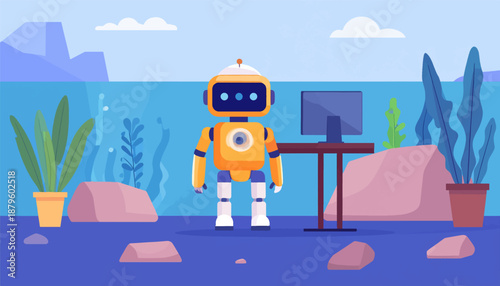 Whimsical robot stands near a desk with a monitor, amidst potted plants and rocks by a blue body of water under a cloudy sky