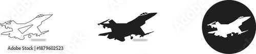 Set of fighter jet icons including outline silhouette and circular emblem for aviation and military themes icons