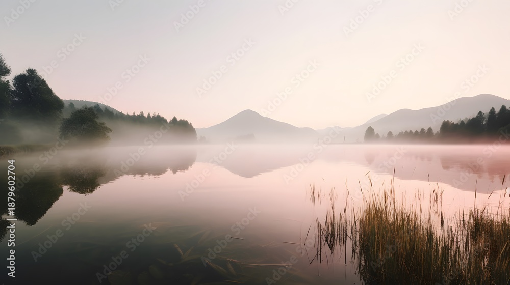 Fototapeta premium Minimal Landscape Photography of Serene Mountain Lake and Horizon misty morning in the mountains