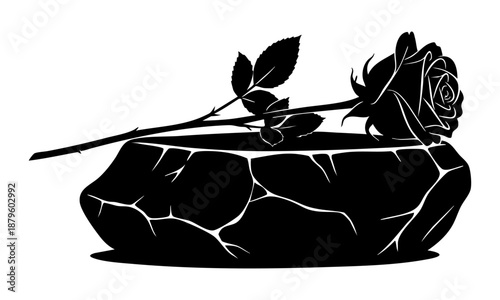 Single black rose rests sadly across a cracked stone basin symbolizing eternal mourning and remembrance for loss.