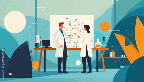Two scientists in lab coats analyze molecular structures on a whiteboard in a stylized laboratory